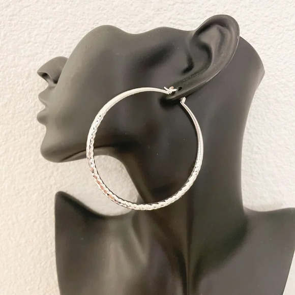 925 Sterling Silver Hoop Earrings Textured Large Hoop Earrings Diamond Cut Hoops - Picture 5 of 5